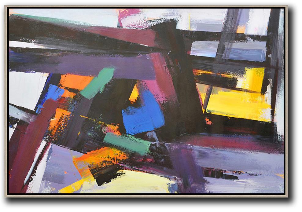 Large Canvas Art,Horizontal Palette Knife Contemporary Art,Hand Painted Acrylic Painting,Black,Purple,Blue,Yellow.etc